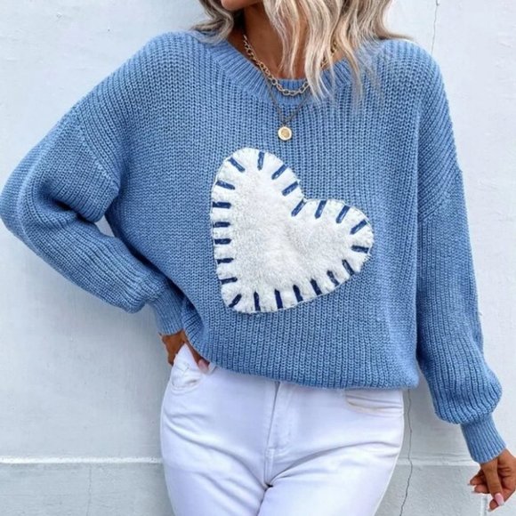 Blue Heart Print Long sleeve Knit Sweater Top - Picture 3 of 6